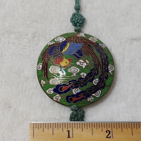 Vintage Round Cloisenne Pendant on a mint green cord - Picture 3 of 12